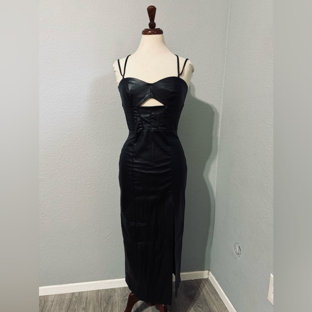 Zara Bloggers Fav Topstitched Faux Leather Midi Slit Christmas CutOut Dress Sz M - Picture 9 of 17
